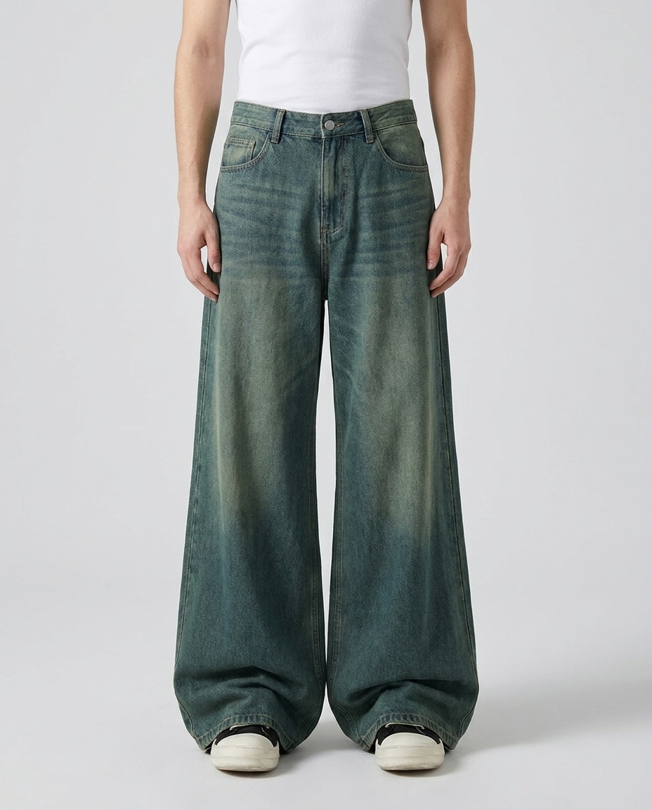 90s Baggy Jeans — Big Easy baggy jeans in vintage blue on model — mega baggy fit, hem stacked over sneakers