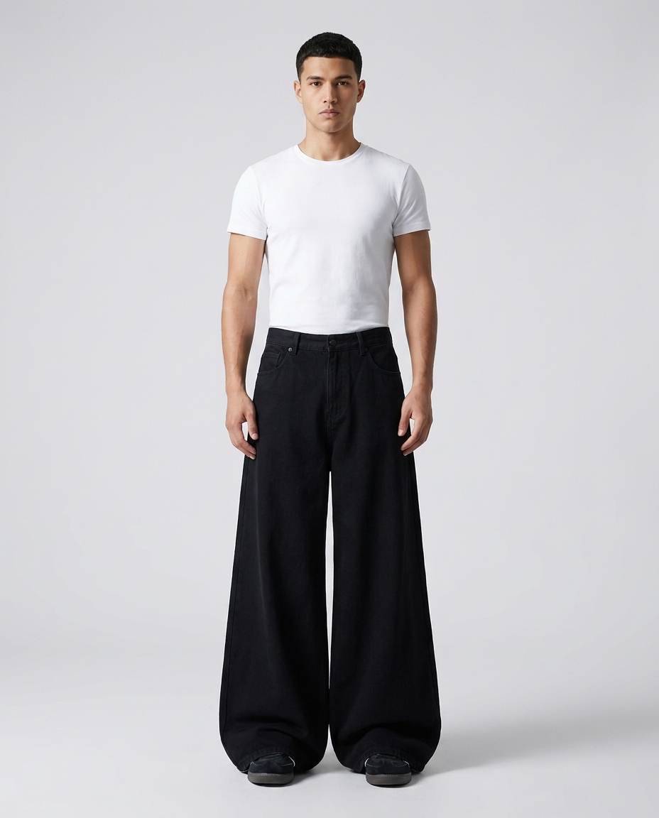 Baggy Jeans With Designs — Session baggy jeans in jet black on model — mega baggy fit covering sneakers
