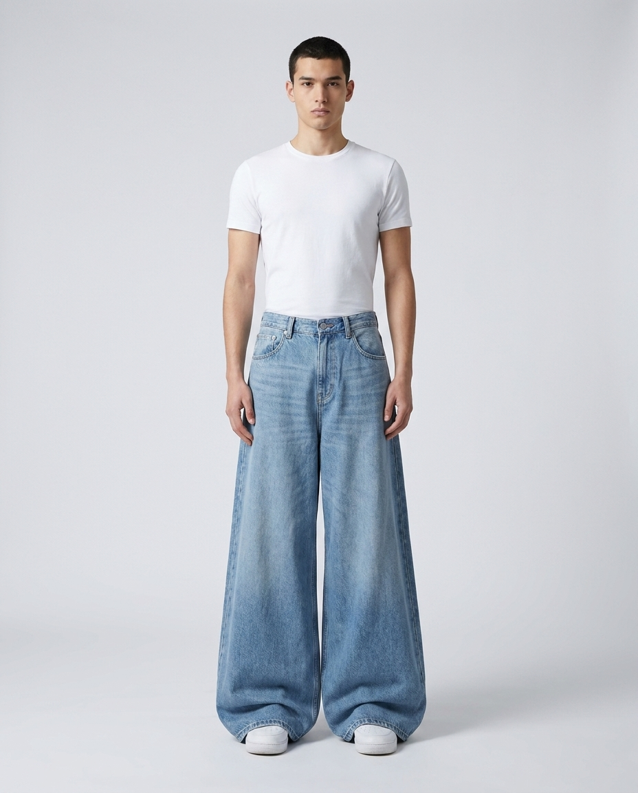 Cheap Baggy Jeans — Big Easy baggy jeans in light blue on model — ultra wide leg stacked over shoes