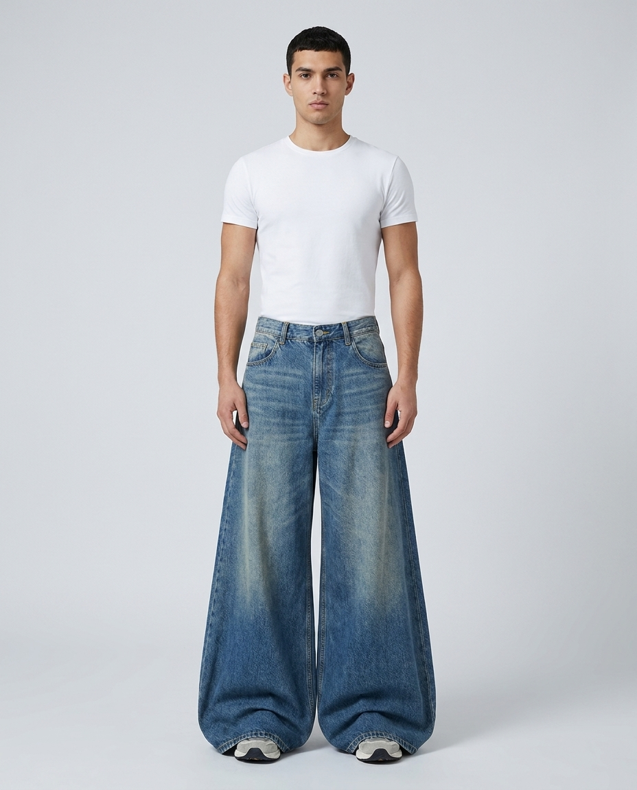 Shop Baggy Jeans Online — Big Easy baggy jeans in stone wash on model — mega baggy silhouette