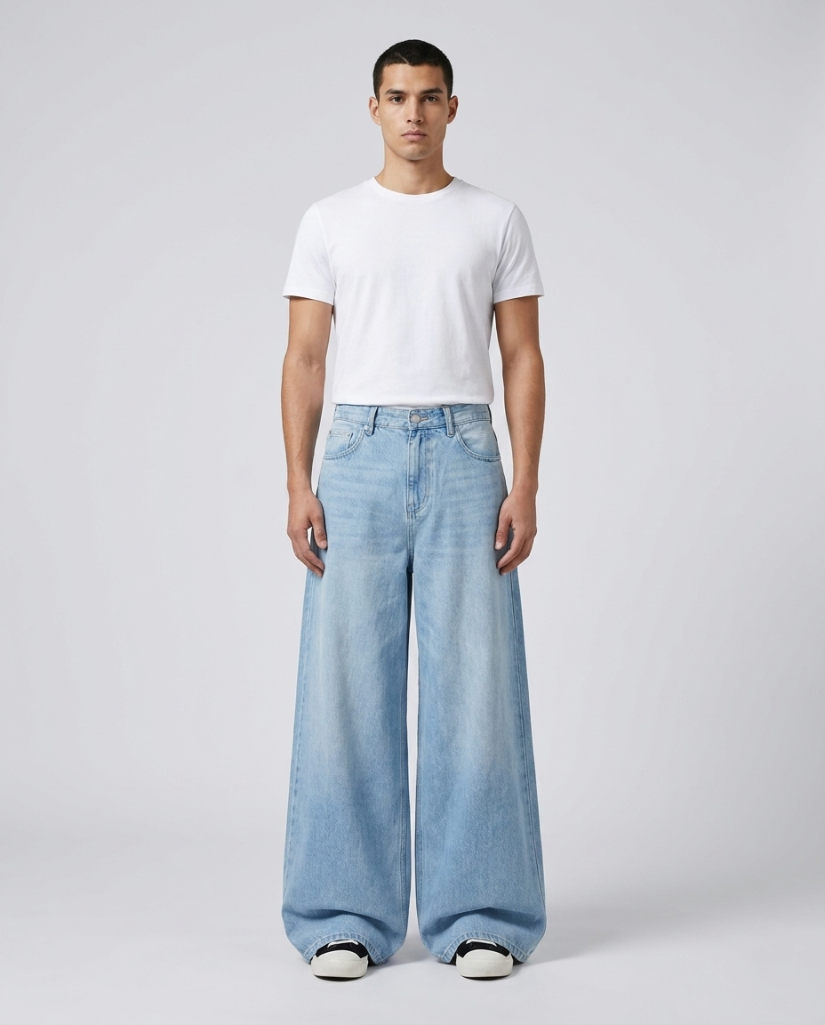 Baggy Wide Leg Jeans — Boulevard wide leg jeans in washed blue on model — hem draping over shoes