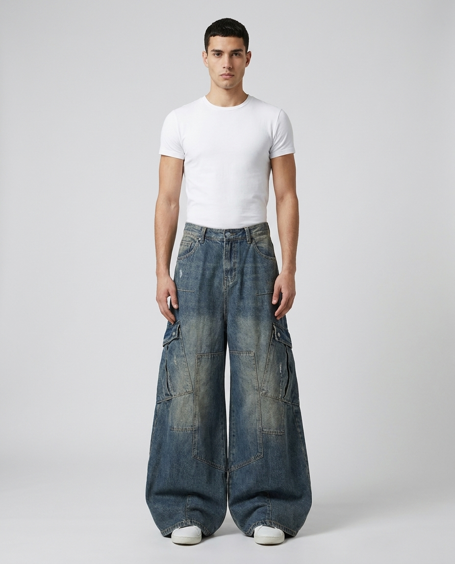Baggy Cargo Jeans — Big Easy cargo jeans in vintage wash on model — mega baggy fit with side pockets
