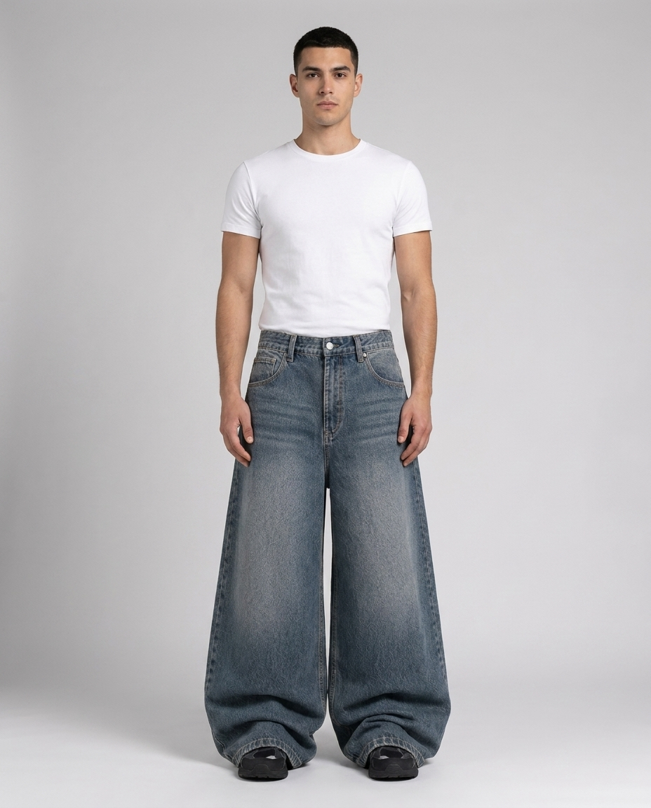 Dark Blue Baggy Jeans — Big Easy baggy jeans in faded indigo on model — ultra wide leg