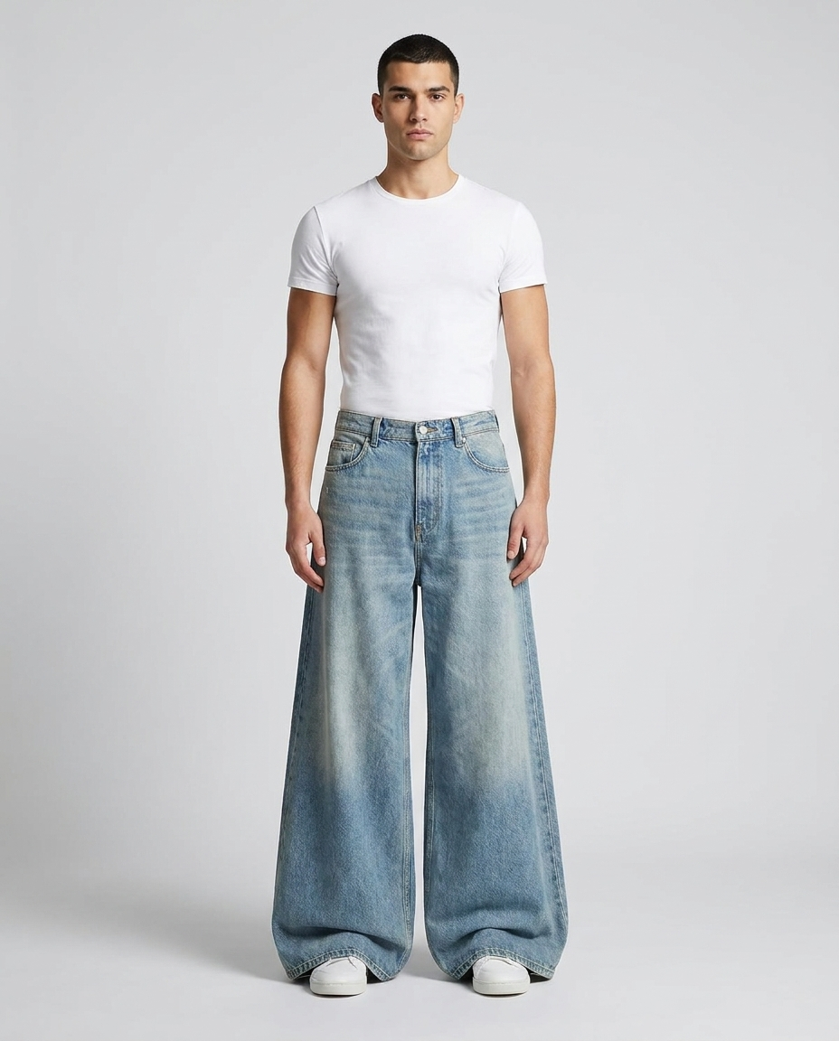 Baggy Straight Leg Jeans — Slack Loose Fit Jeans Distressed Blue on model — mega baggy fit covering sneakers