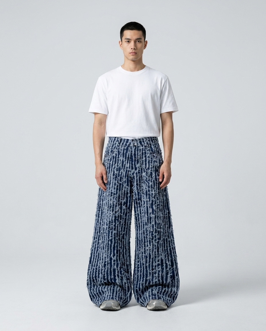 Really Baggy Jeans — Maxout Jeans Midnight Stripe on model — mega baggy fit covering sneakers
