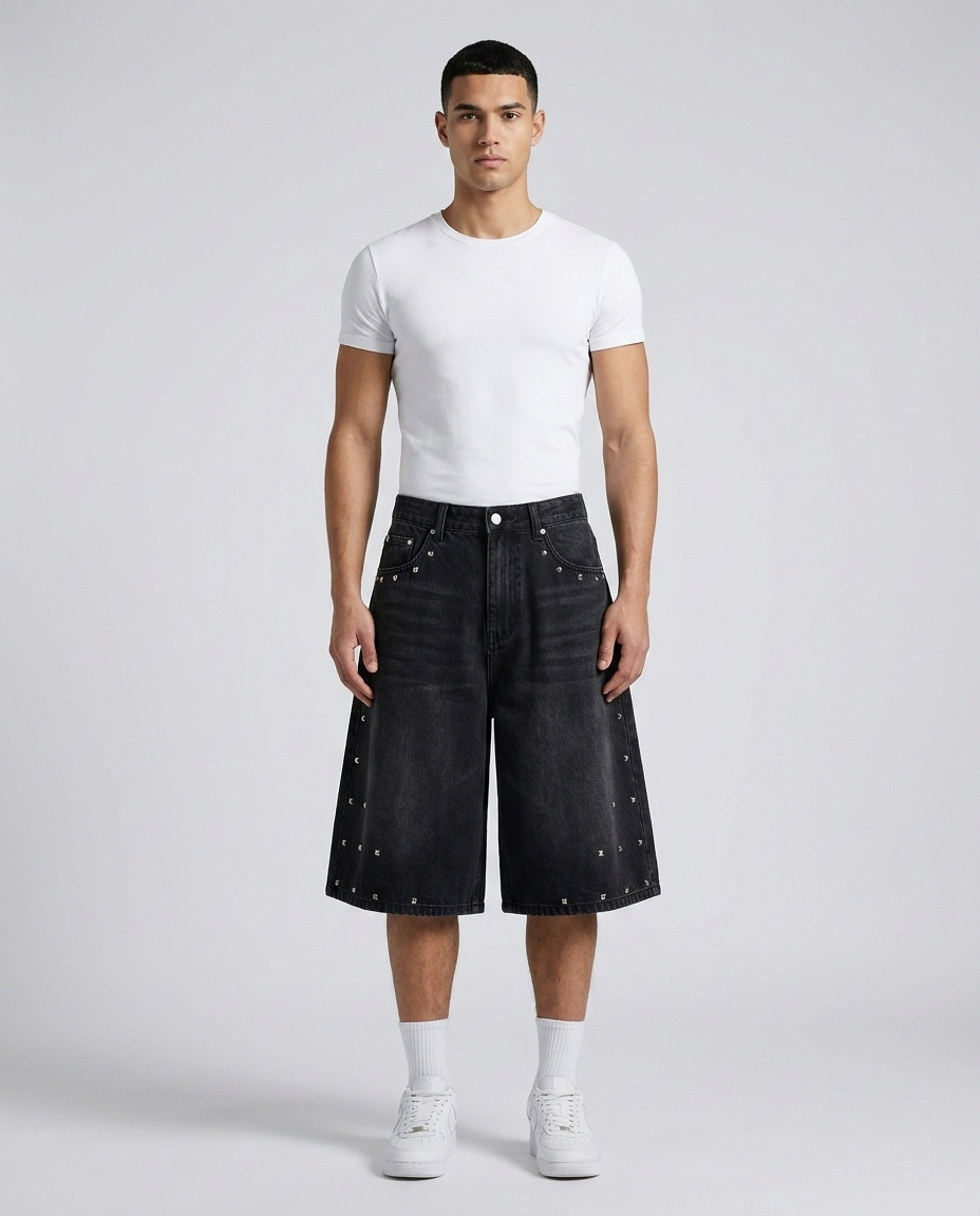 Baggy Jorts — Boulevard Denim Shorts Rivet Black on model — baggy wide-leg jorts