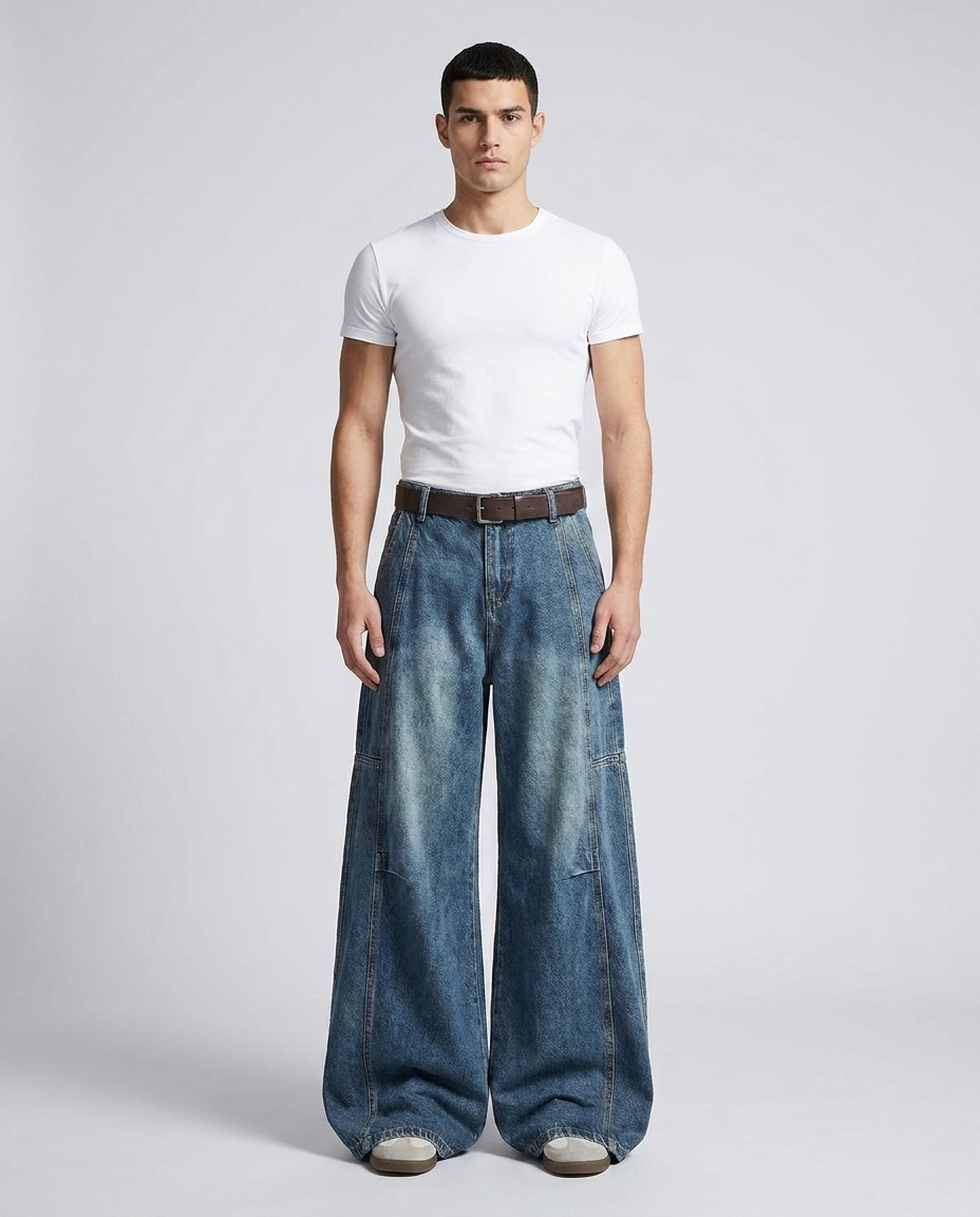Barrel jeans on model — curved leg cropped ankle