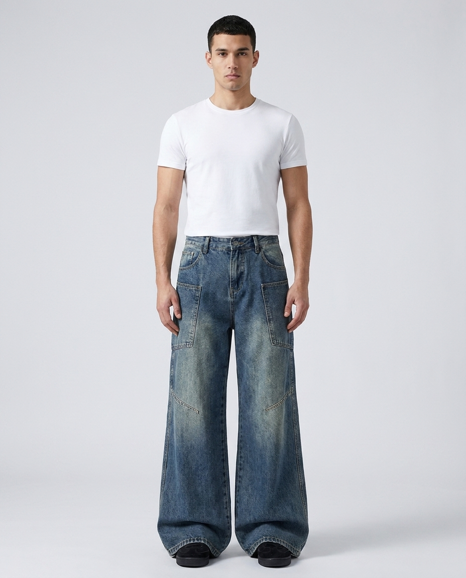 Wide leg jeans on model — straight wide silhouette
