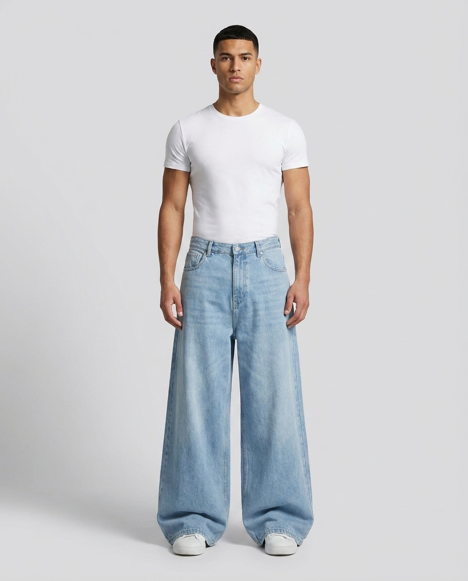 Super baggy jeans on model — maximum-volume fit
