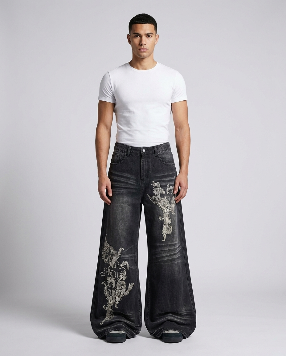 Men's baggy jeans — wide-cut denim on model, The Baggy Jeans Co.
