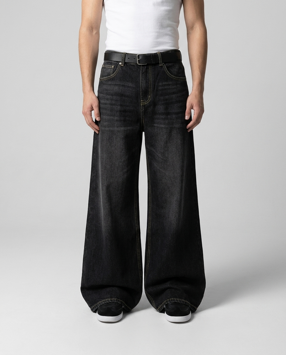 Black baggy jeans on model — true black wide fit