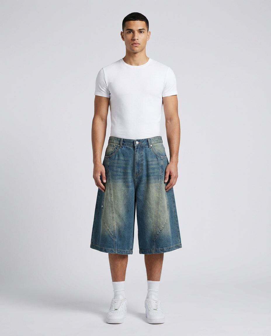 Jorts — baggy denim shorts on model, The Baggy Jeans Co.