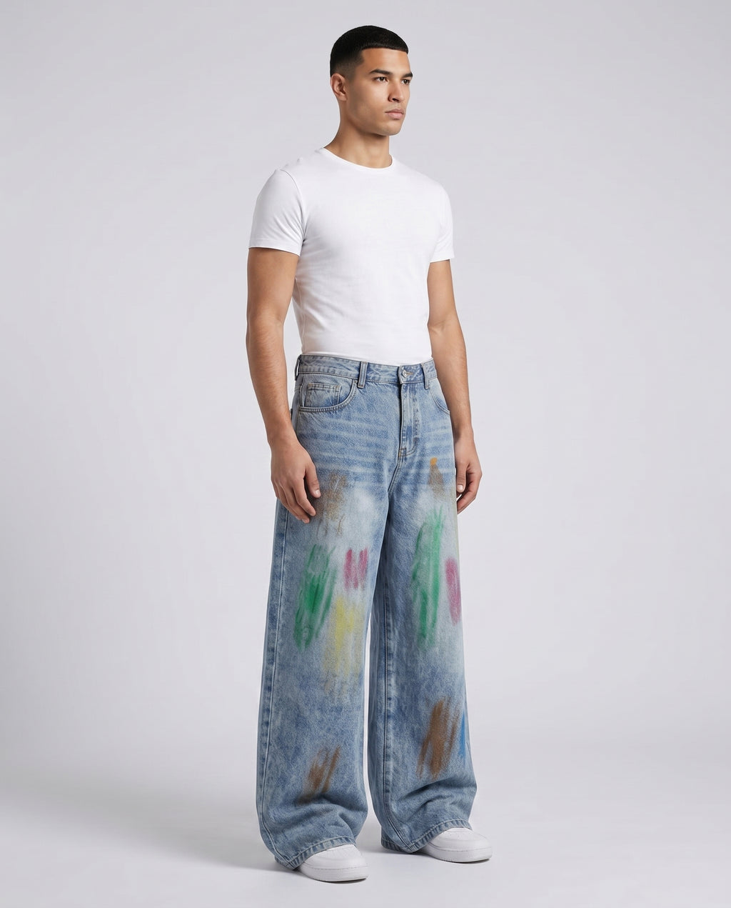 Easy Jeans — Paint Splash on model — three-quarter view