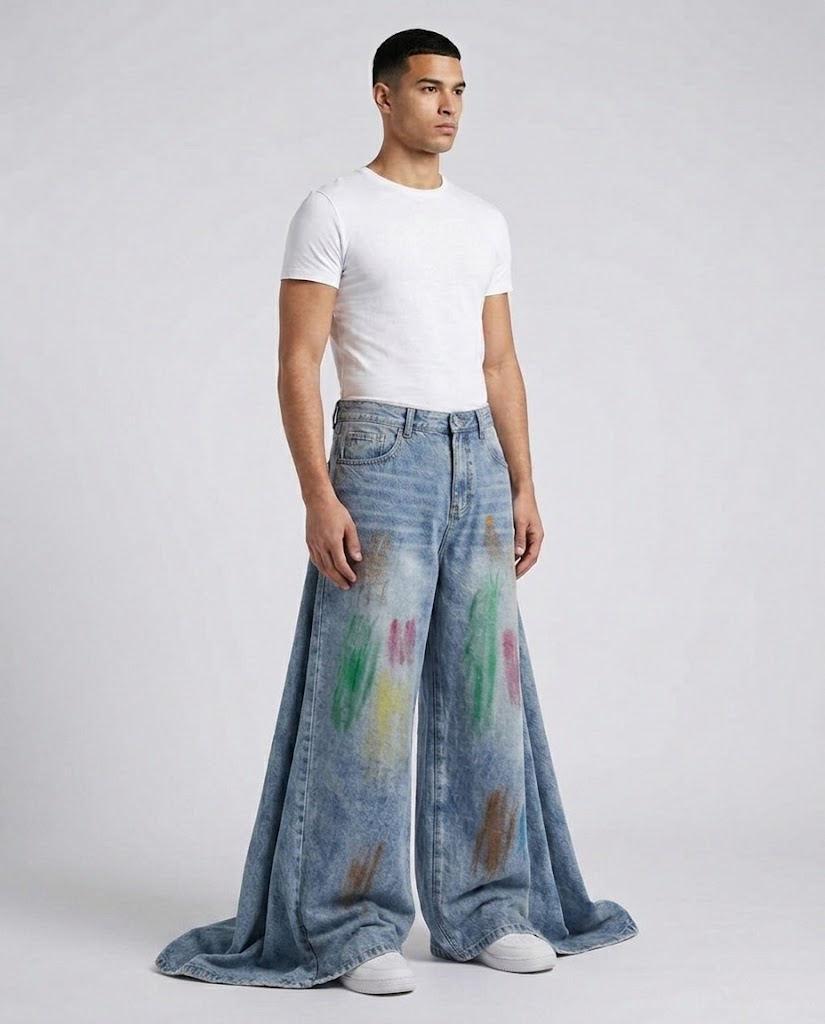 Easy Jeans — Paint Splash on model — walking, fabric in motion