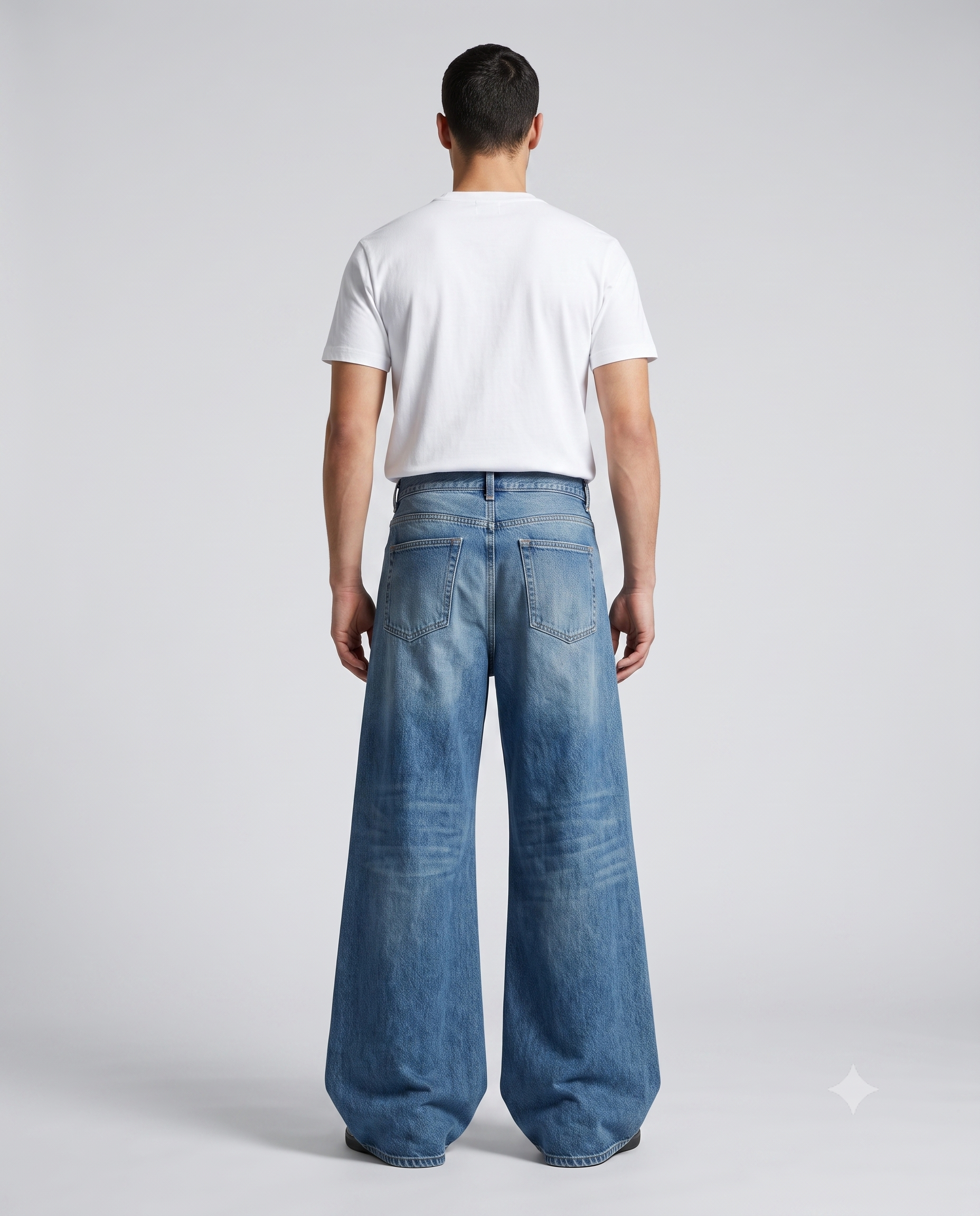 Boulevard Wide Leg Jeans — Washed Blue on model — back view