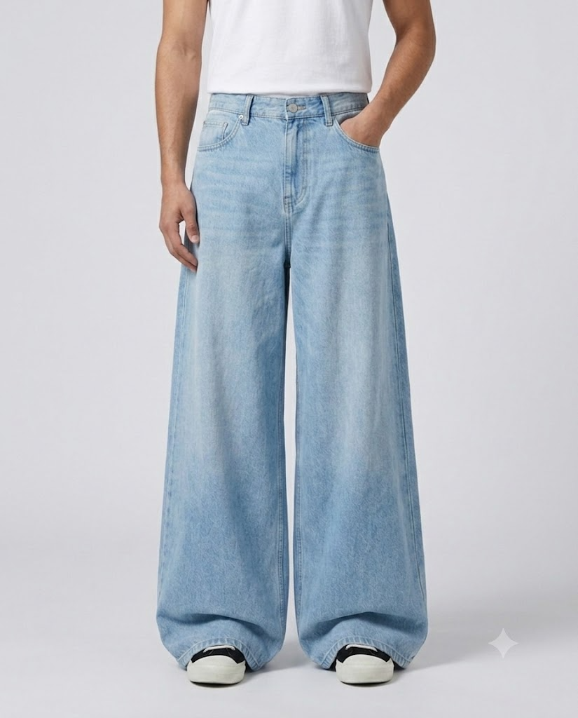 Boulevard Wide Leg Jeans — Washed Blue on model — waist and pocket detail