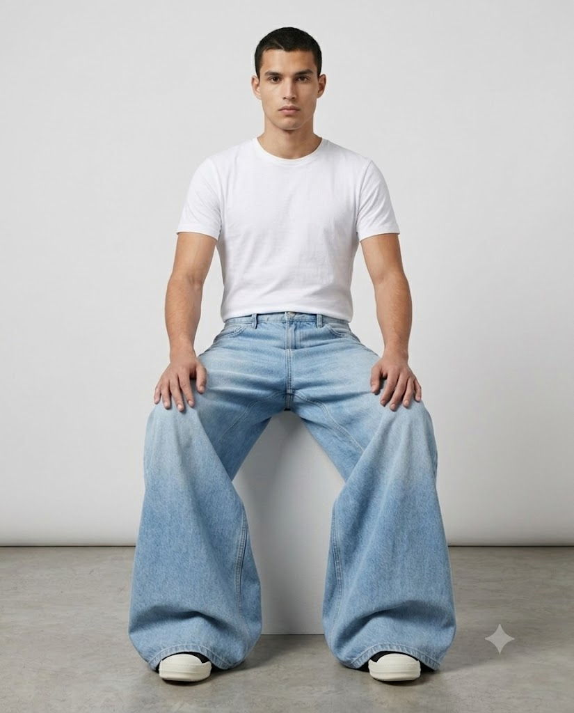 Boulevard Wide Leg Jeans — Washed Blue on model — seated fit view
