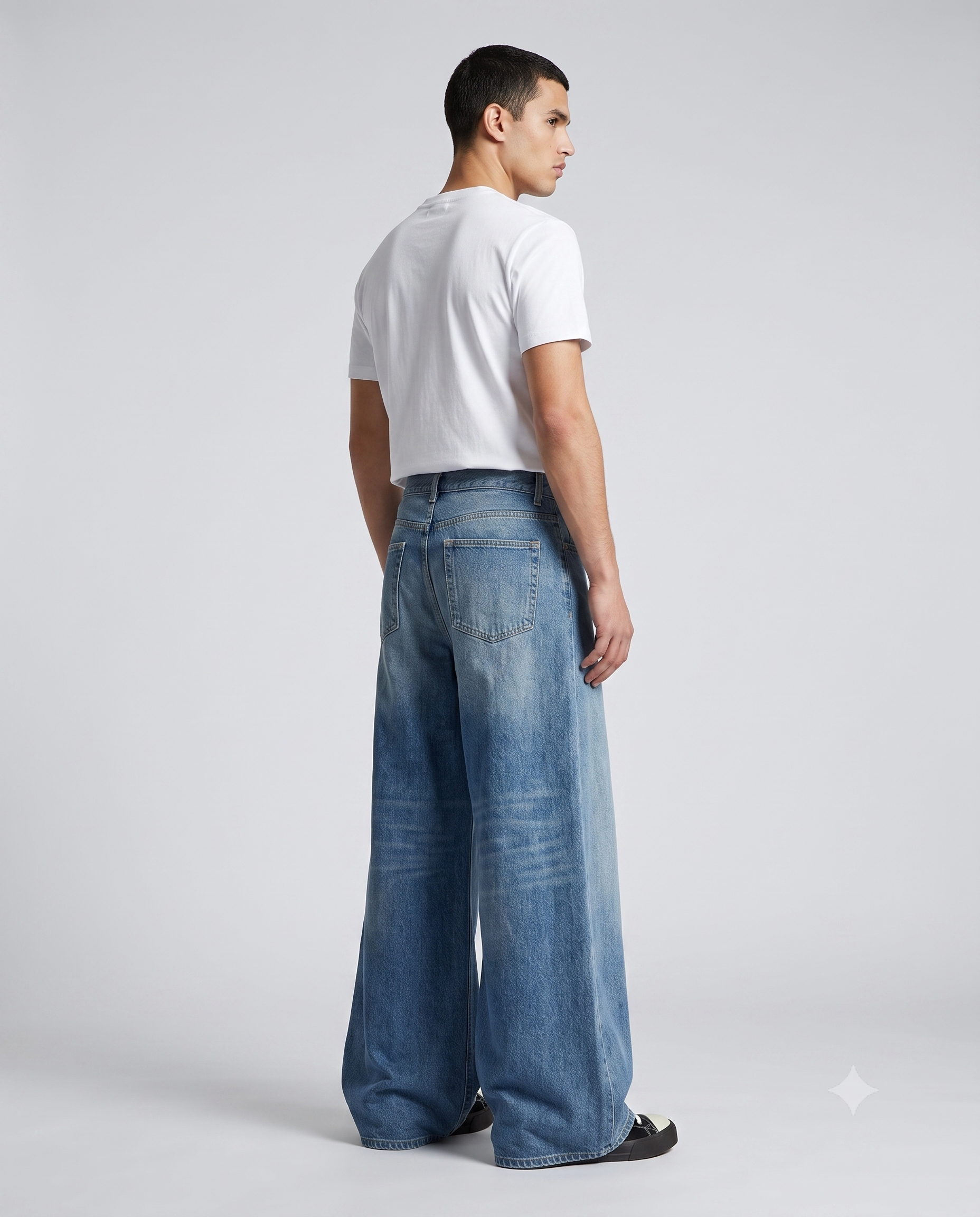 Boulevard Wide Leg Jeans — Washed Blue on model — three-quarter view