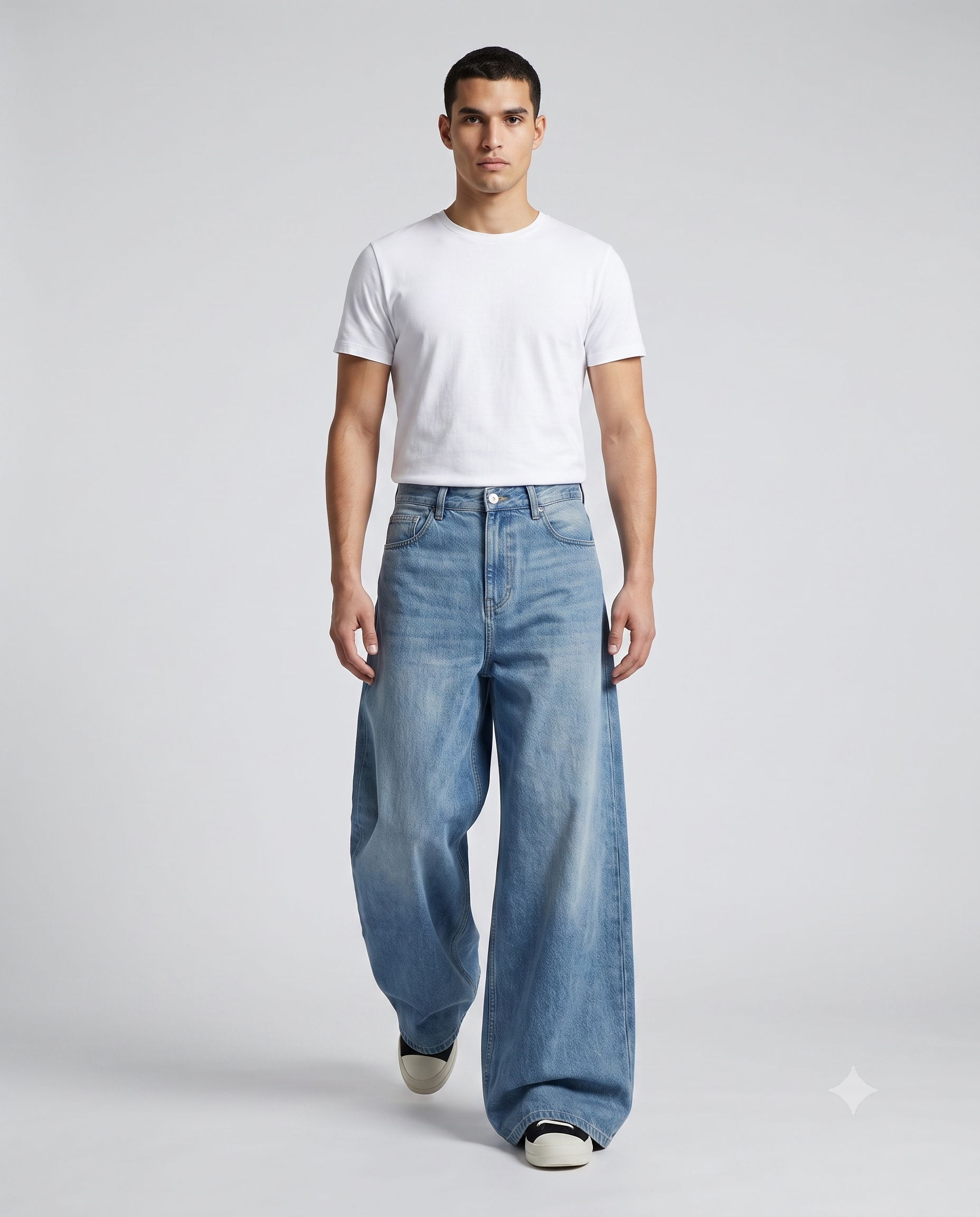 Boulevard Wide Leg Jeans — Washed Blue on model — walking, fabric in motion