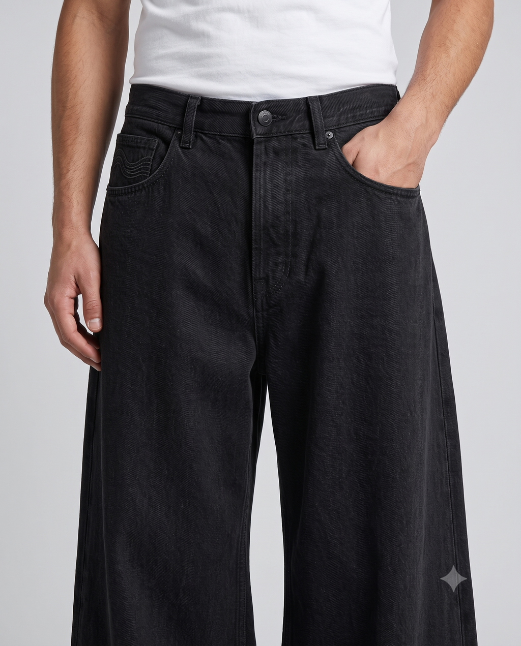 Session Baggy Jeans Jet Black Embroidered on model — waist and pocket detail