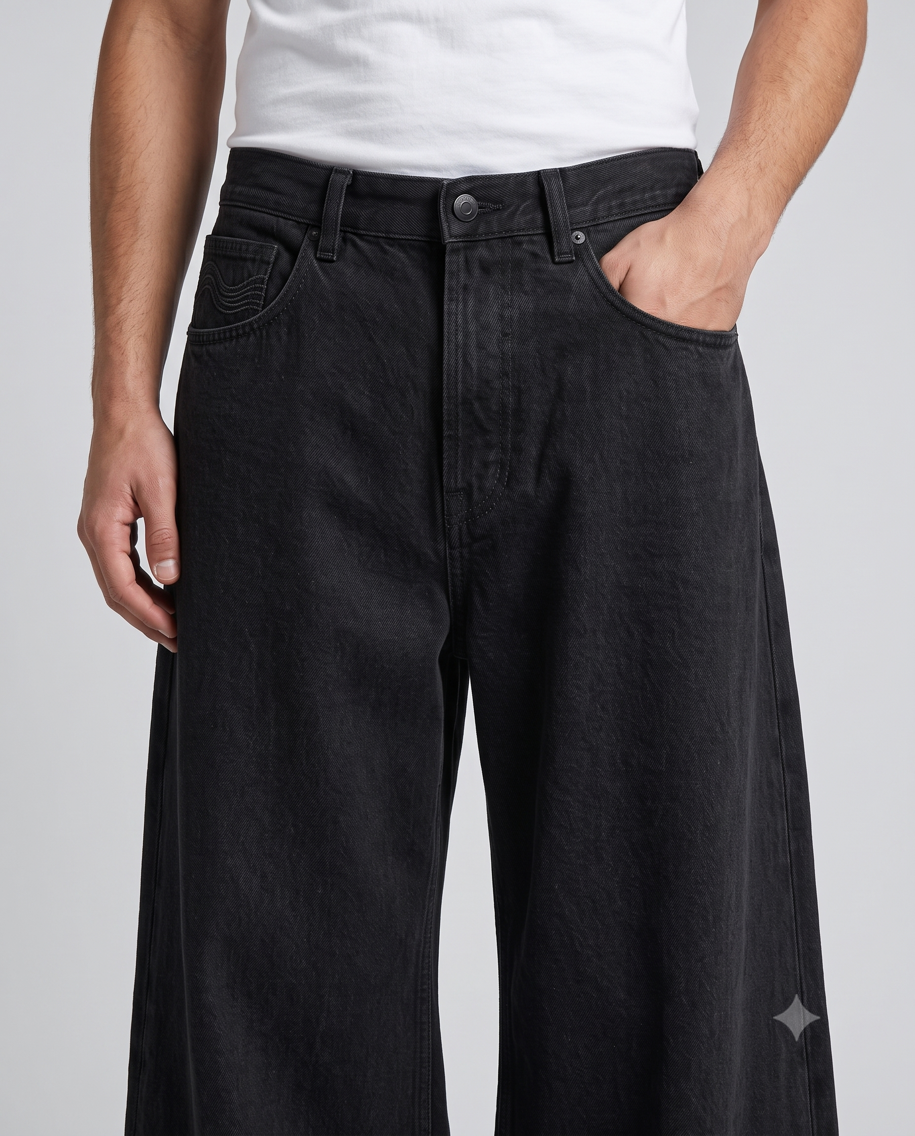Session Baggy Jeans Jet Black Embroidered on model — waist and pocket detail