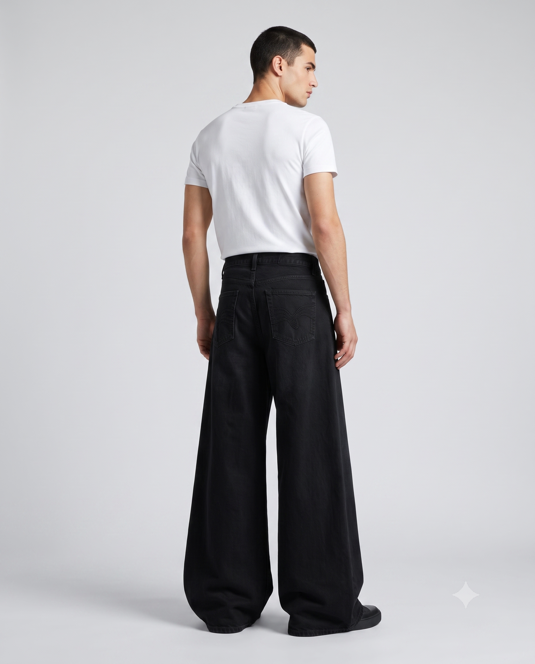 Session Baggy Jeans Jet Black Embroidered on model — three-quarter view