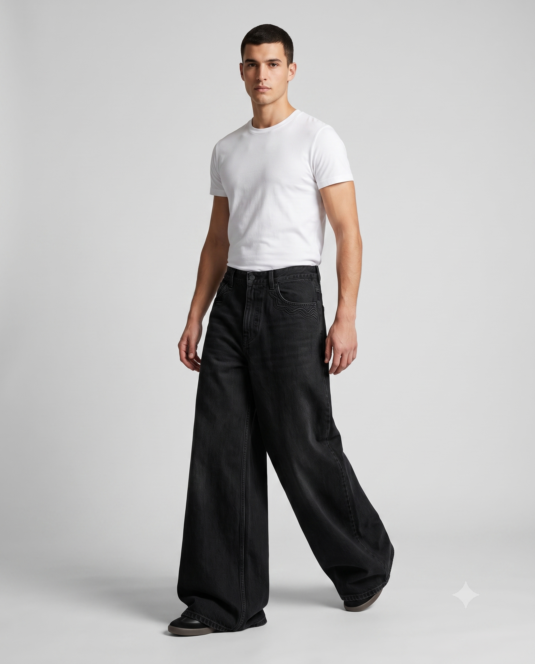 Session Baggy Jeans Jet Black Embroidered on model — walking, fabric in motion