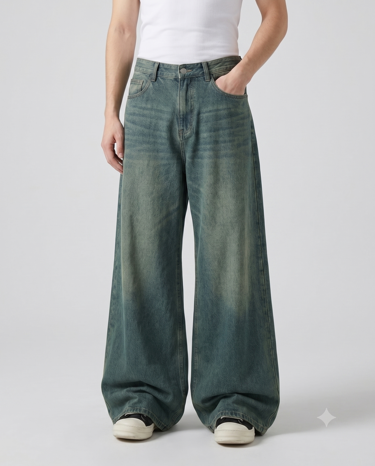 Big Easy Baggy Jeans — Vintage Blue on model — waist and pocket detail