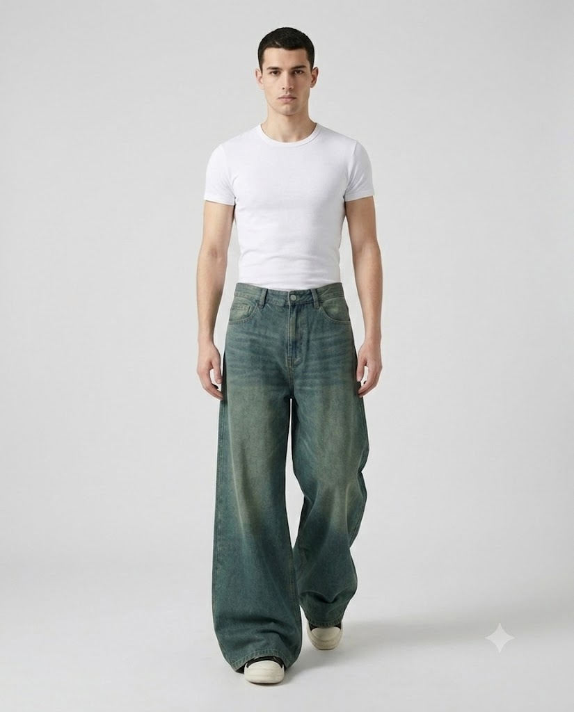 Big Easy Baggy Jeans — Vintage Blue on model — seated fit view