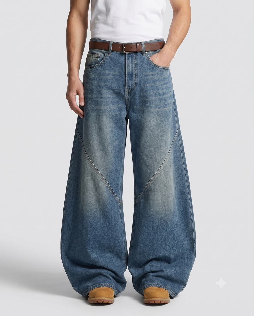 Big Easy Baggy Jeans — Patchwork Wash on model — waist and pocket detail