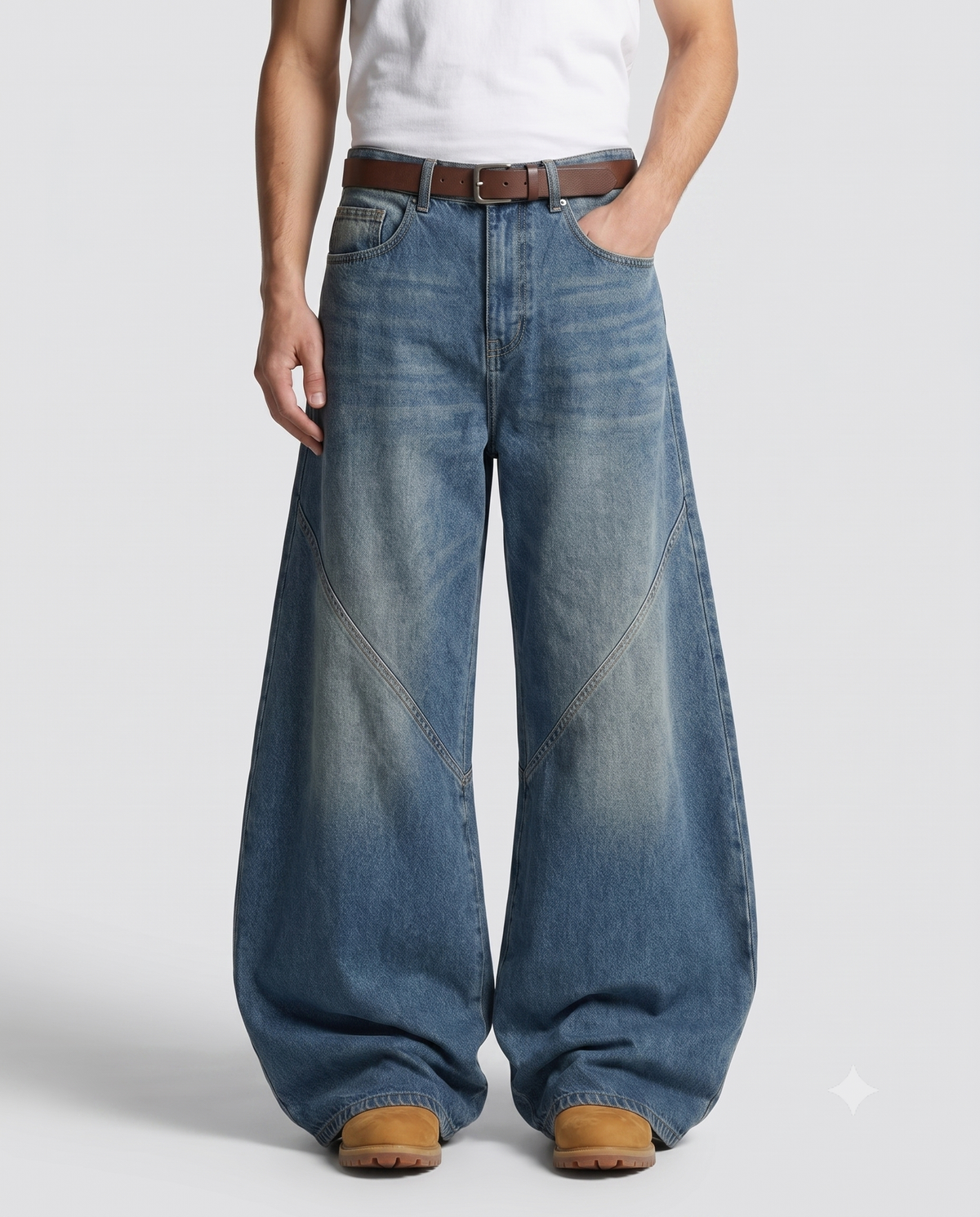 Big Easy Baggy Jeans — Patchwork Wash on model — waist and pocket detail