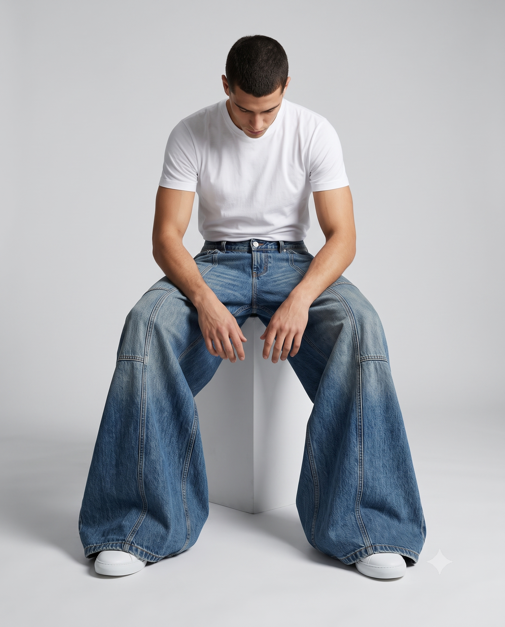 Big Easy Baggy Jeans — Patchwork Wash on model — seated fit view