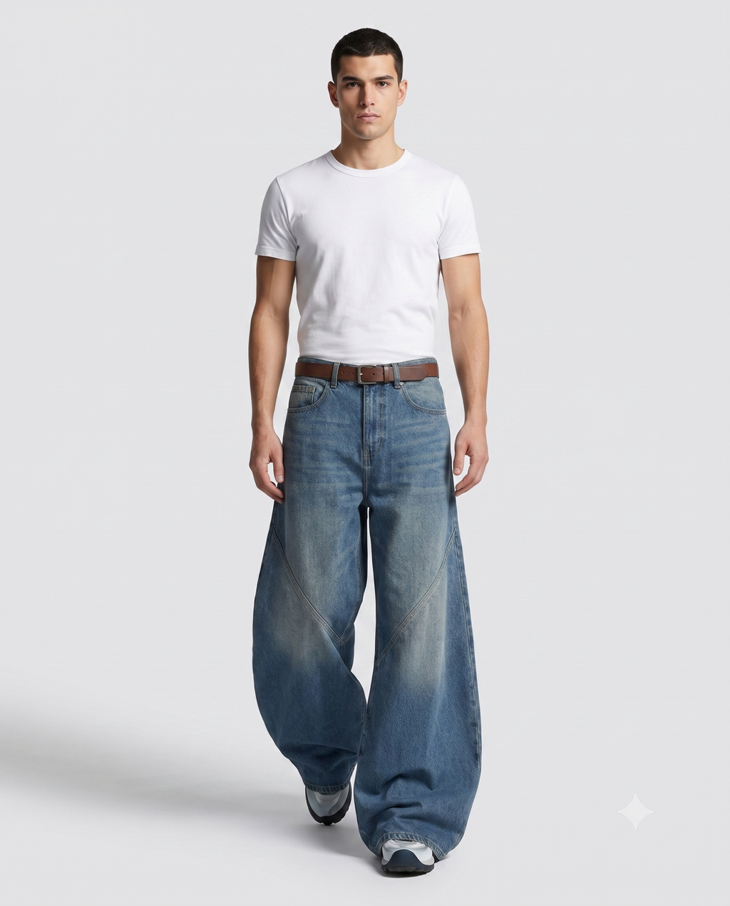 Big Easy Baggy Jeans — Patchwork Wash on model — walking, fabric in motion