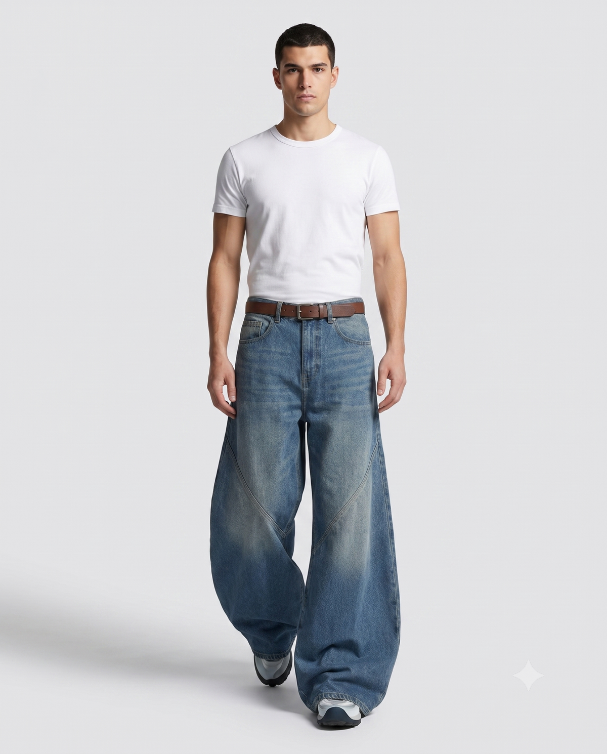 Big Easy Baggy Jeans — Patchwork Wash on model — walking, fabric in motion