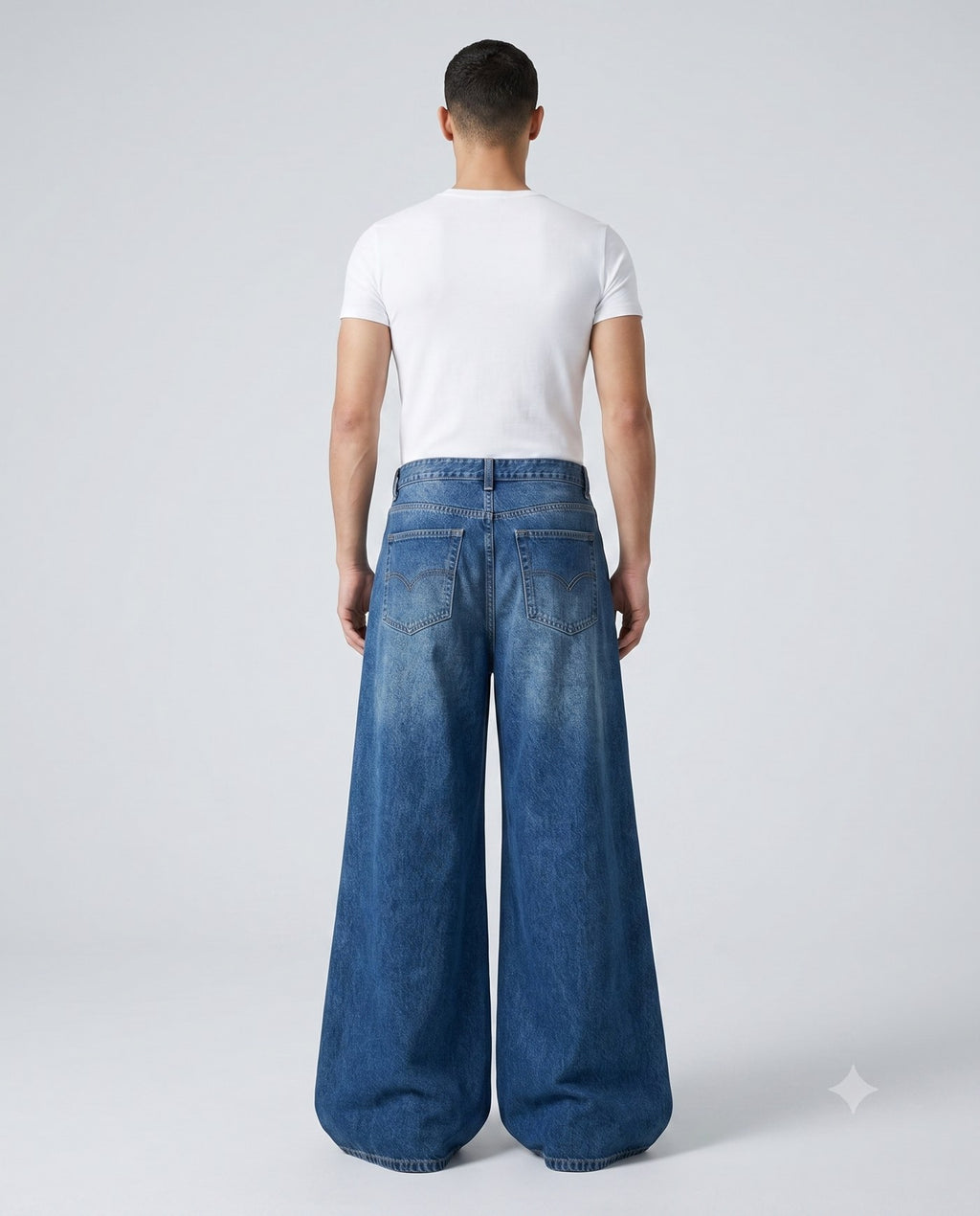 Boulevard Wide Leg Jeans — Two-Tone Blue on model — back view