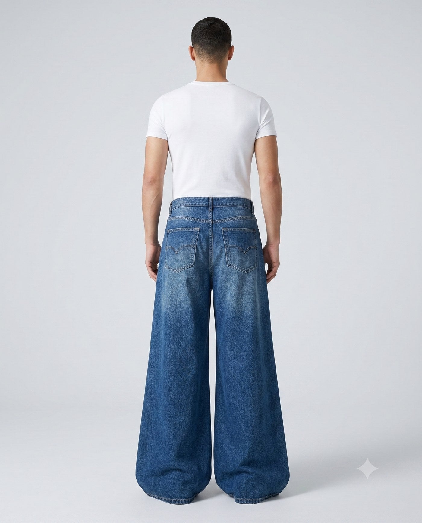 Boulevard Wide Leg Jeans — Two-Tone Blue on model — back view