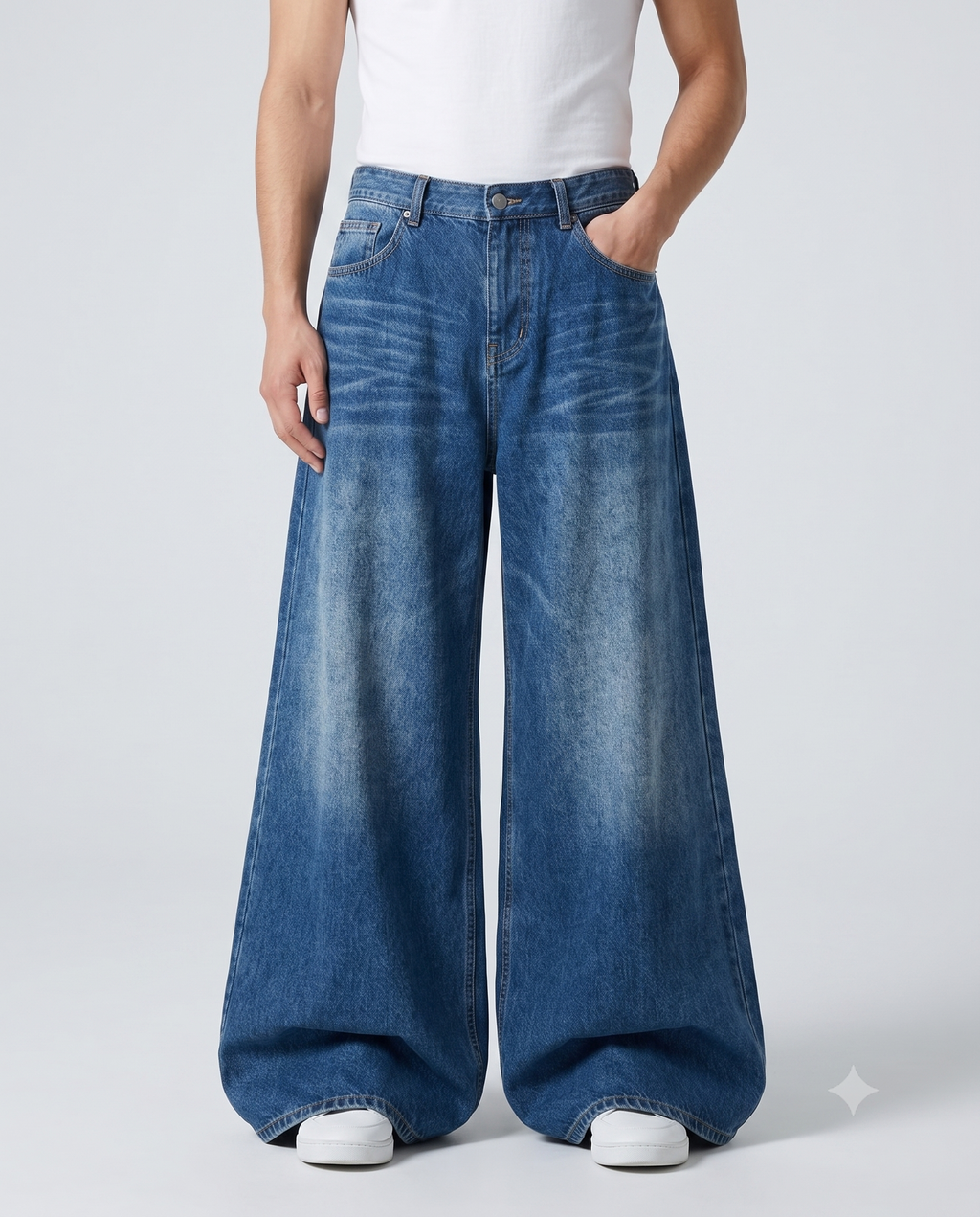 Boulevard Wide Leg Jeans — Two-Tone Blue on model — waist and pocket detail