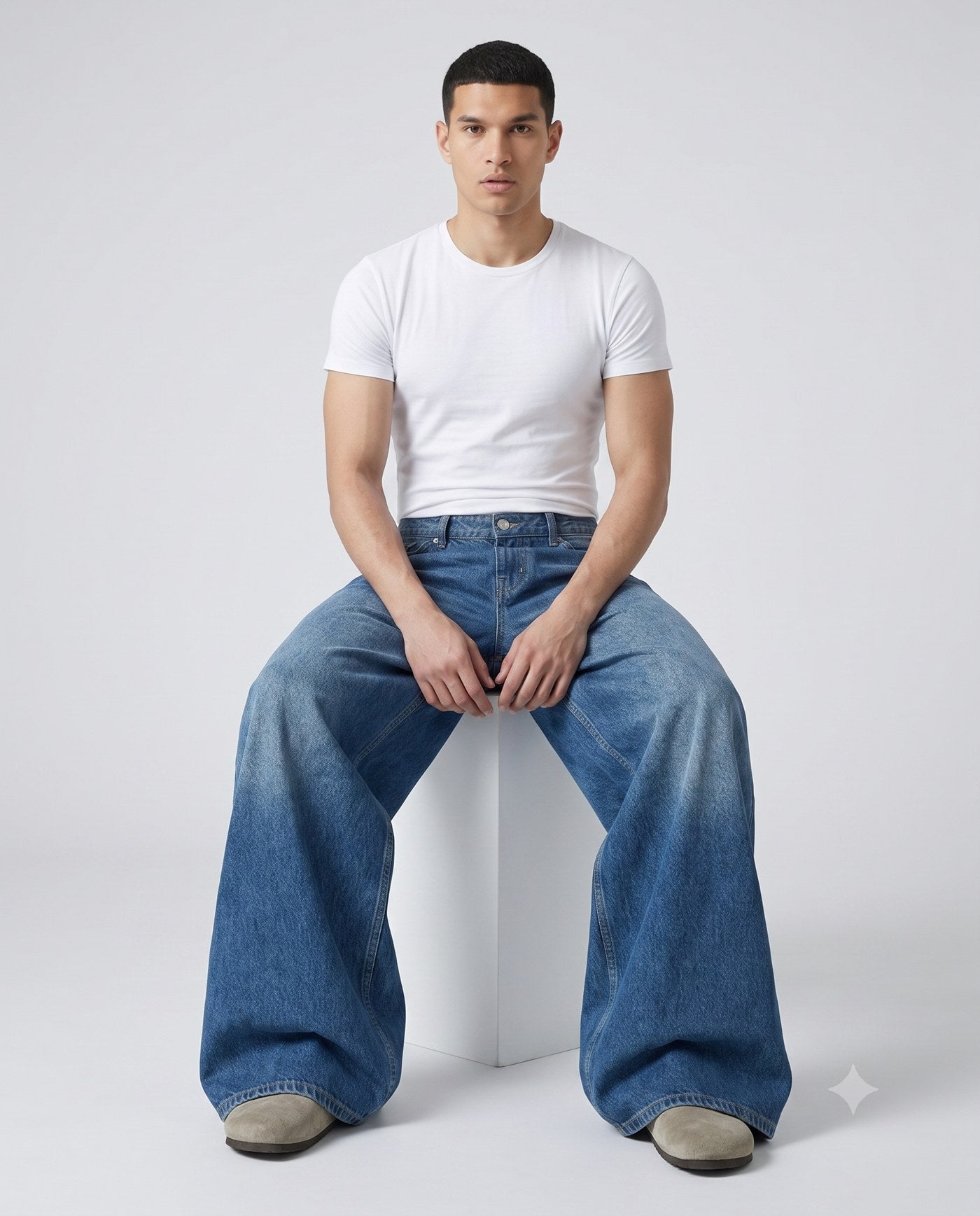 Boulevard Wide Leg Jeans — Two-Tone Blue on model — seated fit view