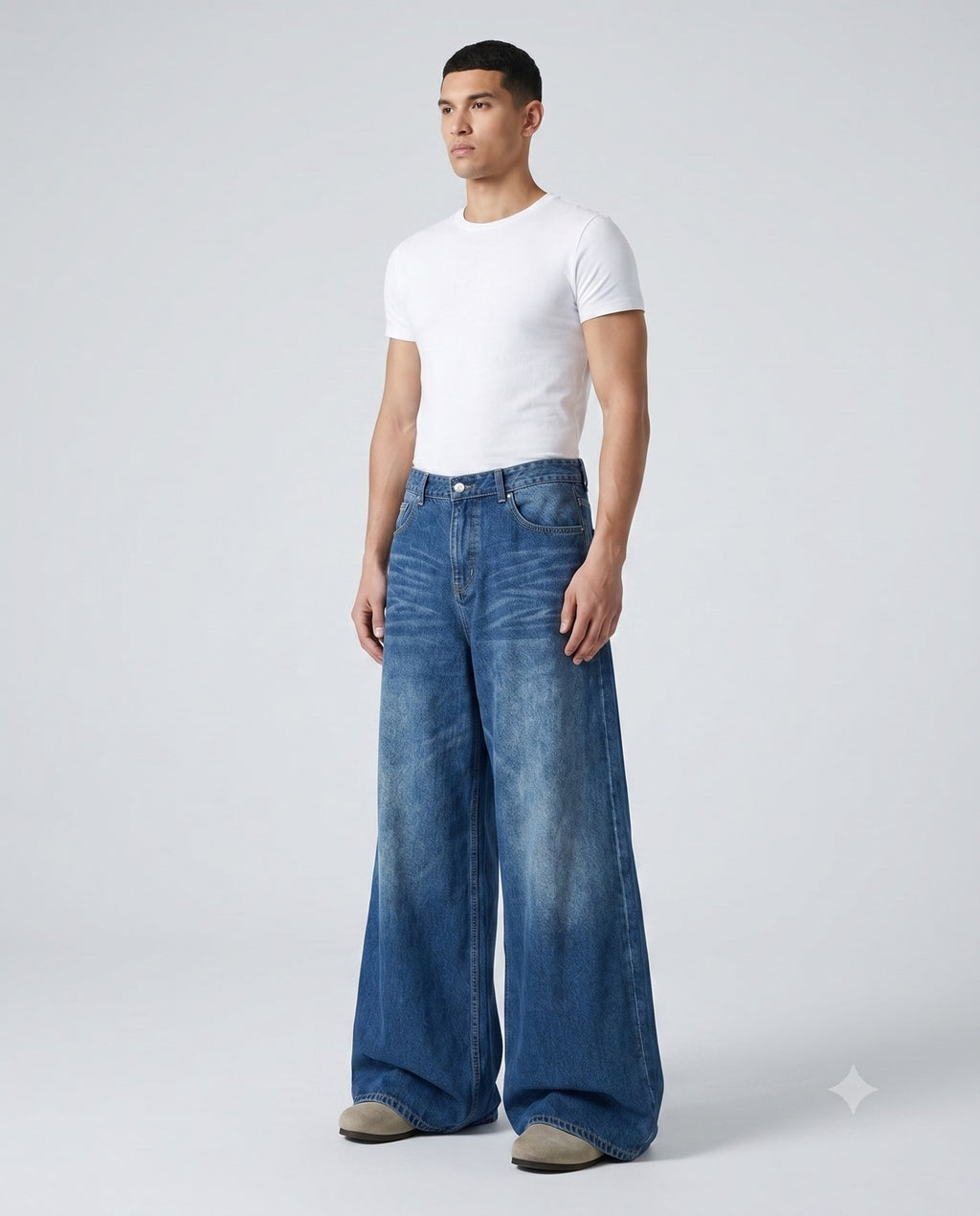 Boulevard Wide Leg Jeans — Two-Tone Blue on model — three-quarter view