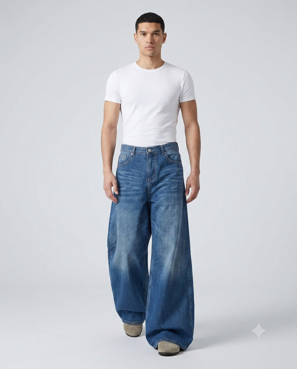 Boulevard Wide Leg Jeans — Two-Tone Blue on model — walking, fabric in motion