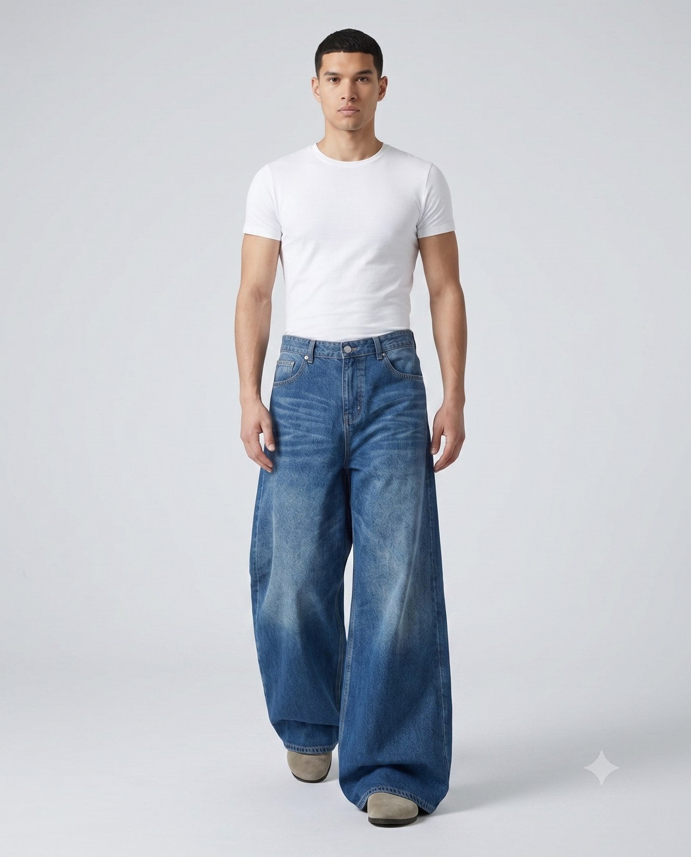 Boulevard Wide Leg Jeans — Two-Tone Blue on model — walking, fabric in motion
