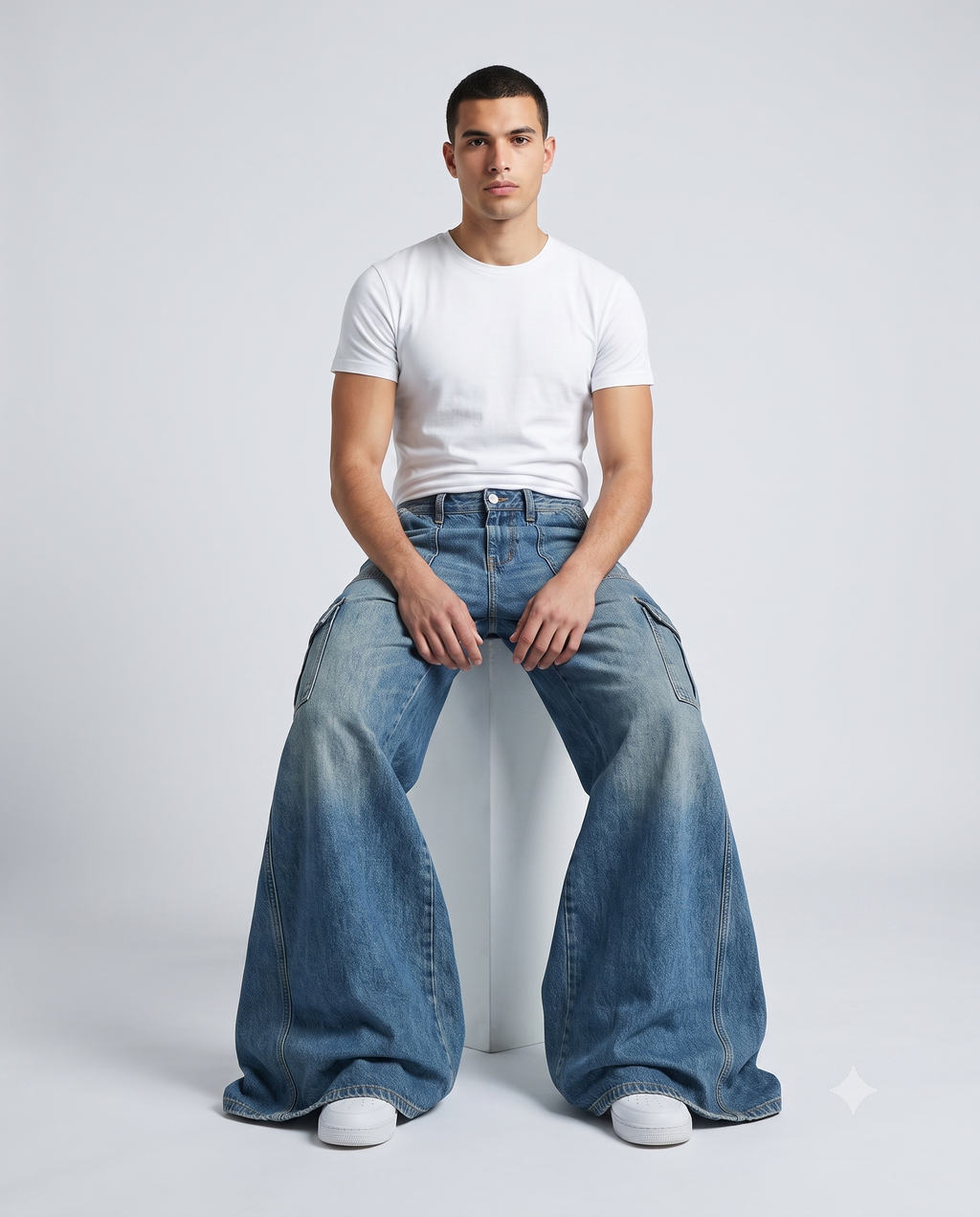 Big Easy Cargo Jeans Vintage Wash on model — seated fit view