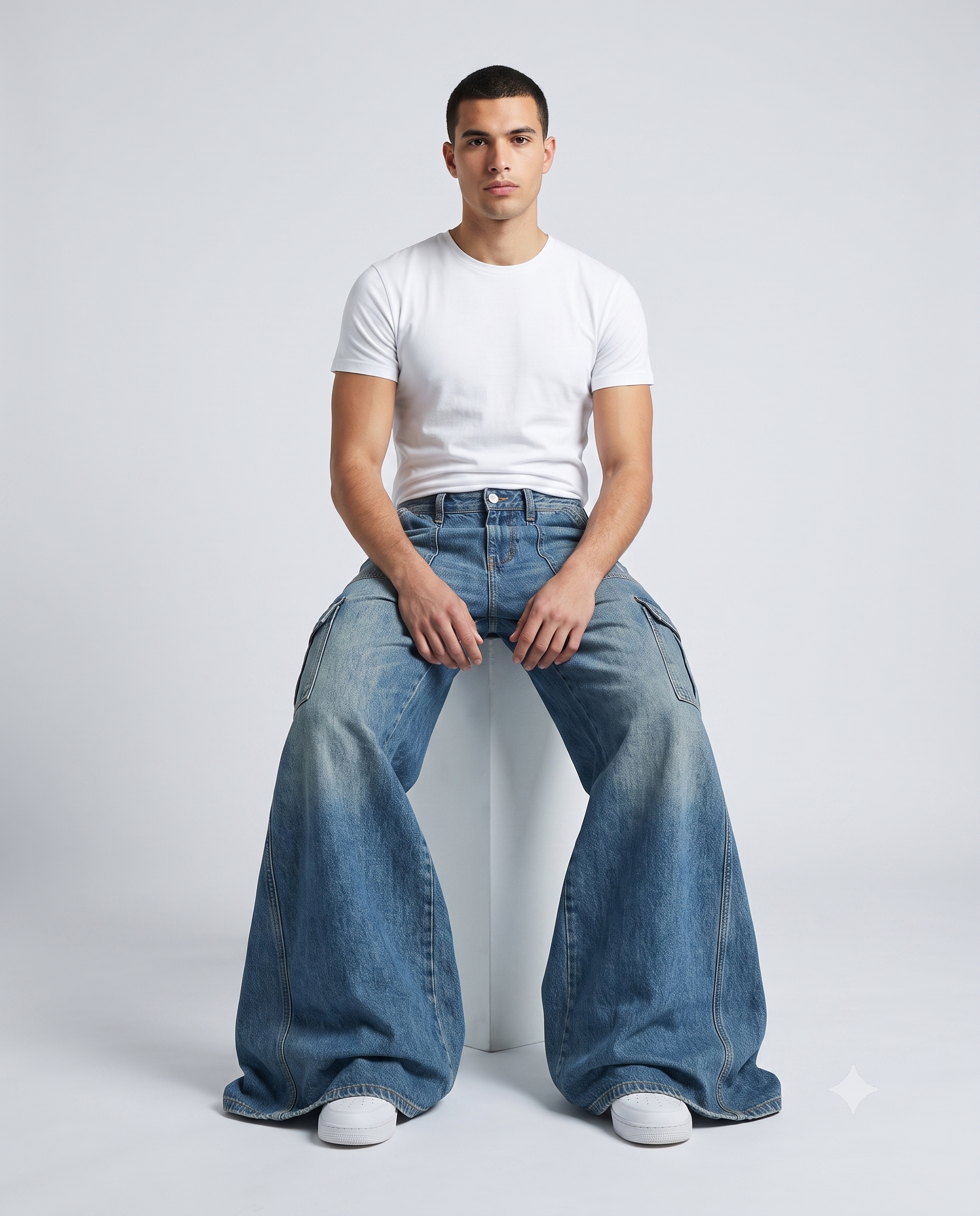 Big Easy Cargo Jeans Vintage Wash on model — seated fit view