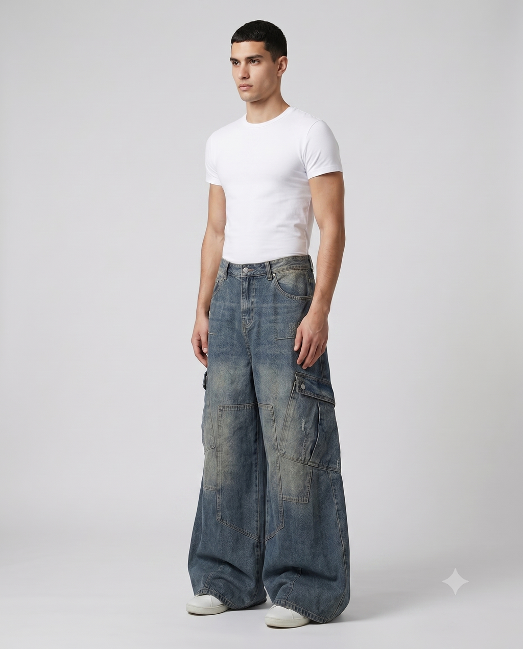 Big Easy Cargo Jeans Vintage Wash on model — three-quarter view