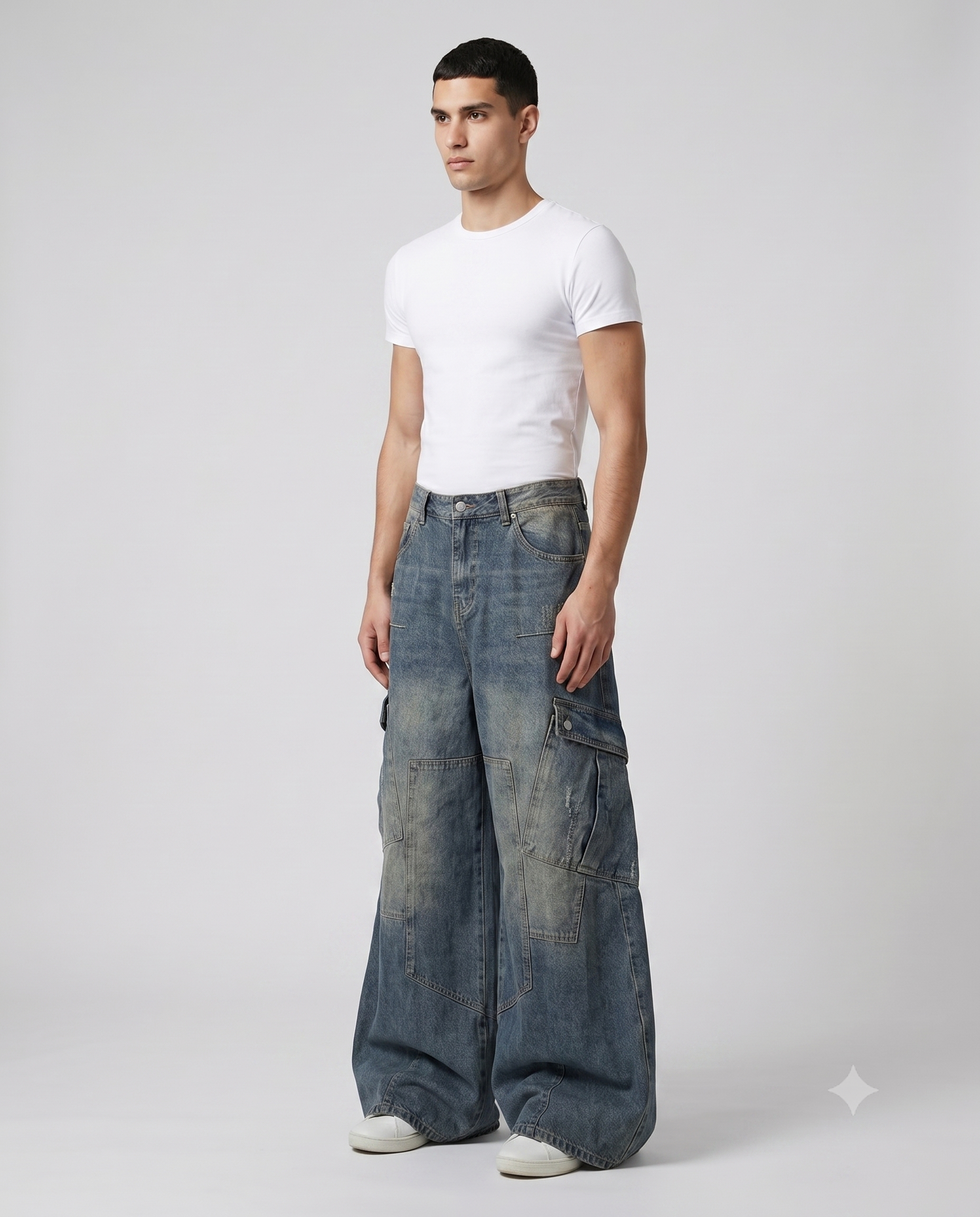 Big Easy Cargo Jeans Vintage Wash on model — three-quarter view