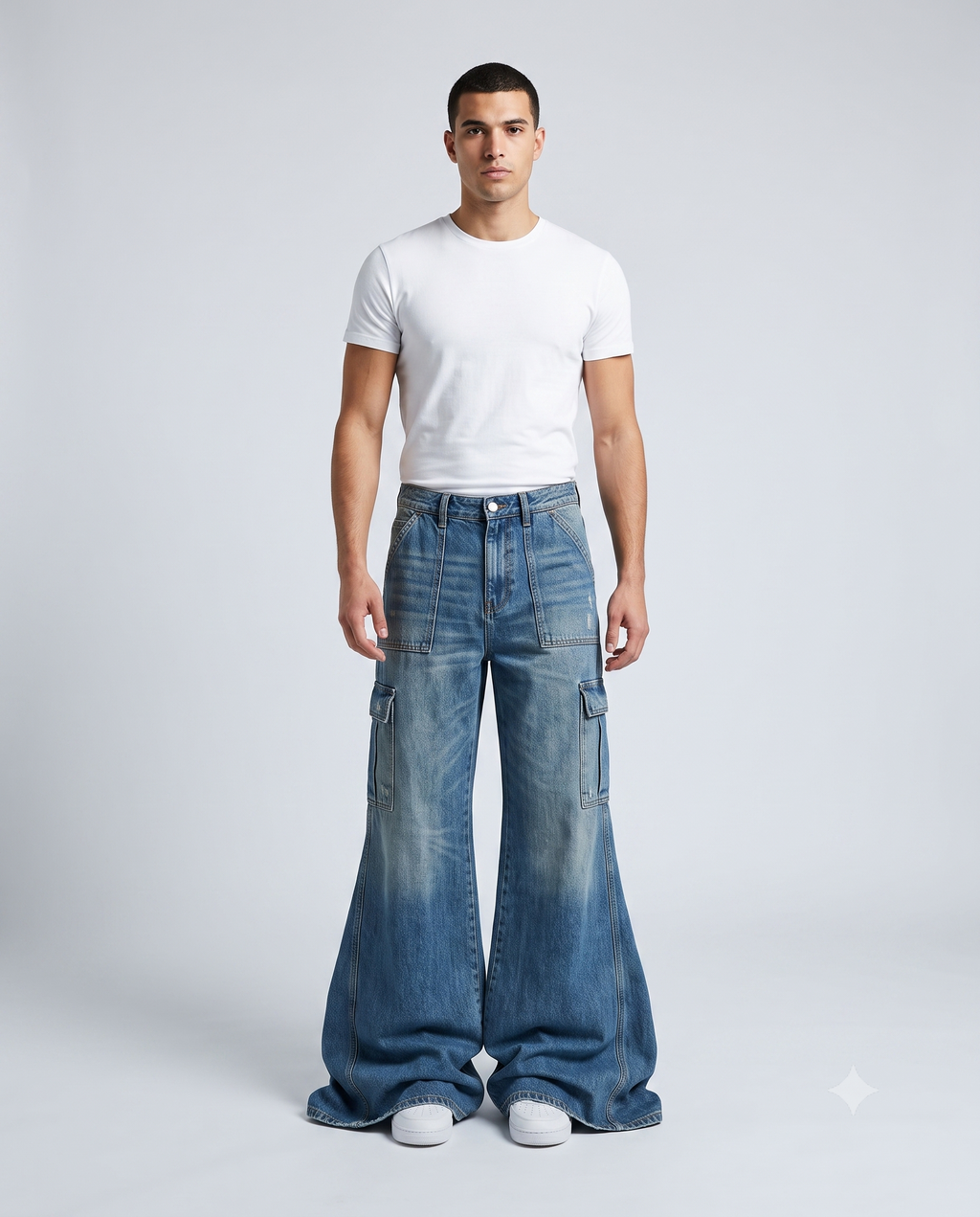 Big Easy Cargo Jeans Vintage Wash on model — walking, fabric in motion