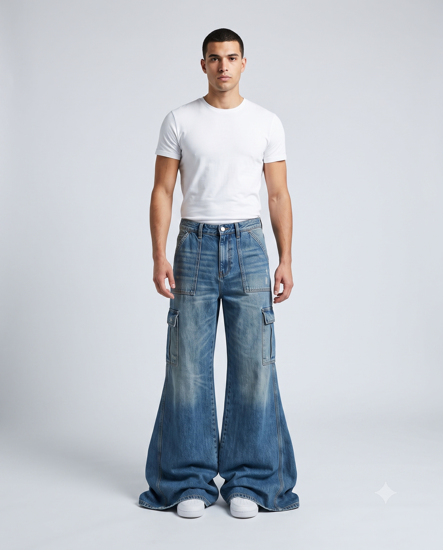 Big Easy Cargo Jeans Vintage Wash on model — walking, fabric in motion