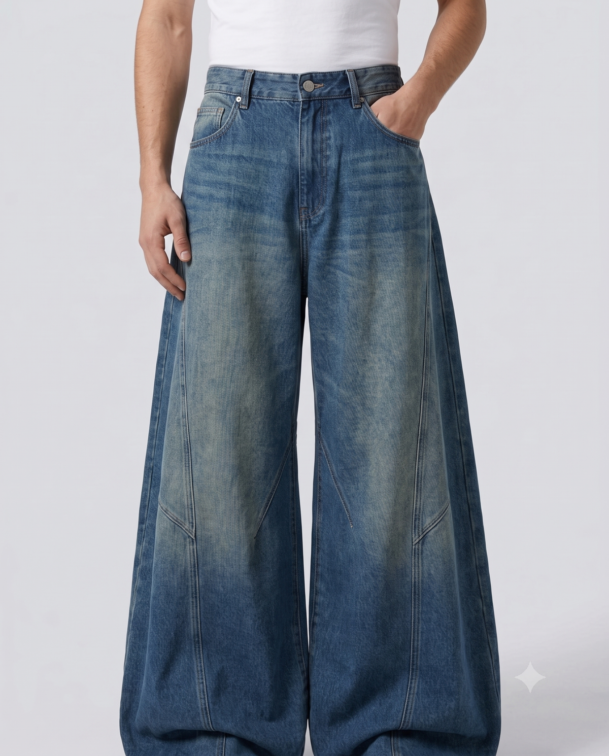 Session Baggy Jeans — Spliced Blue on model — waist and pocket detail