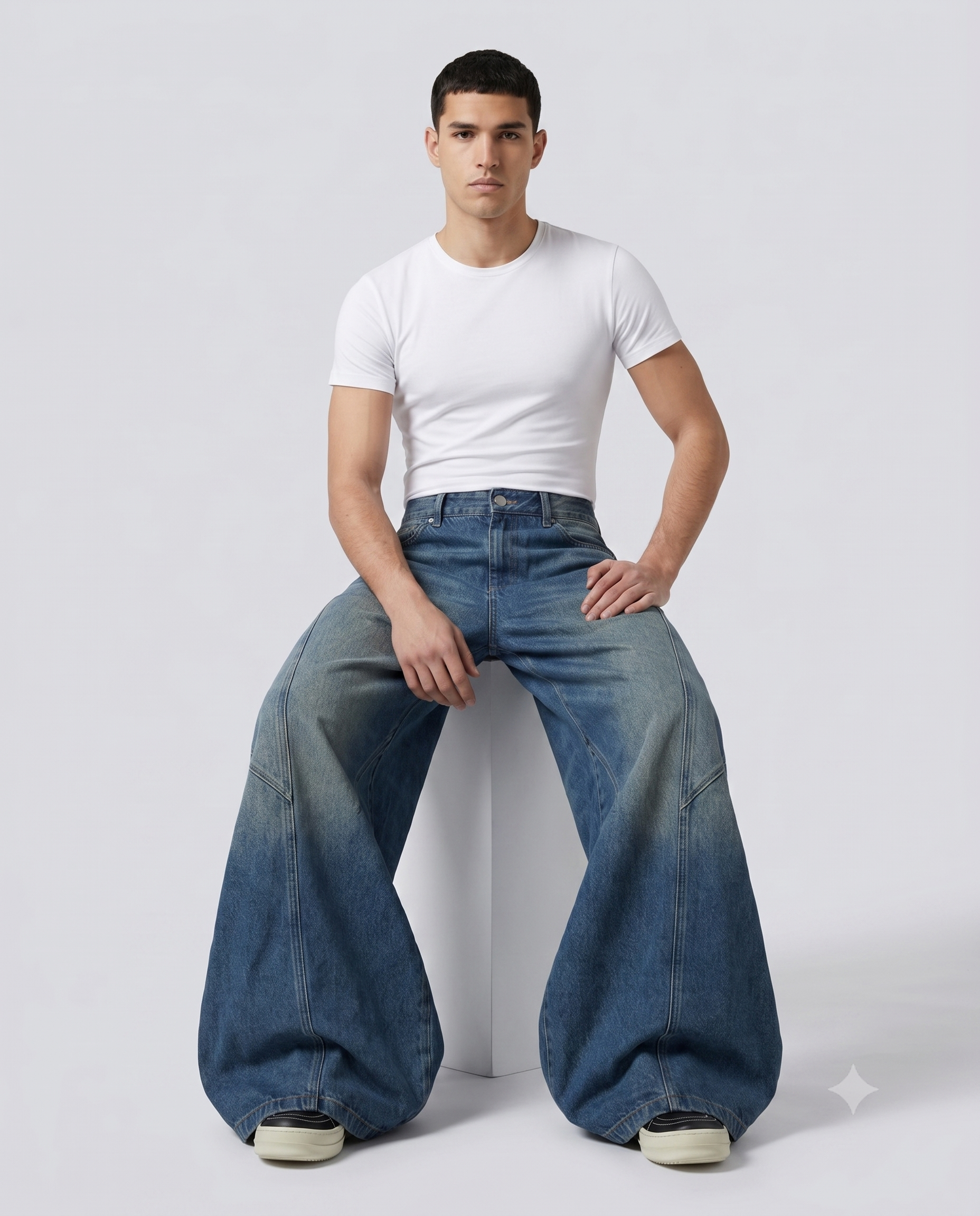 Session Baggy Jeans — Spliced Blue — seated fit view