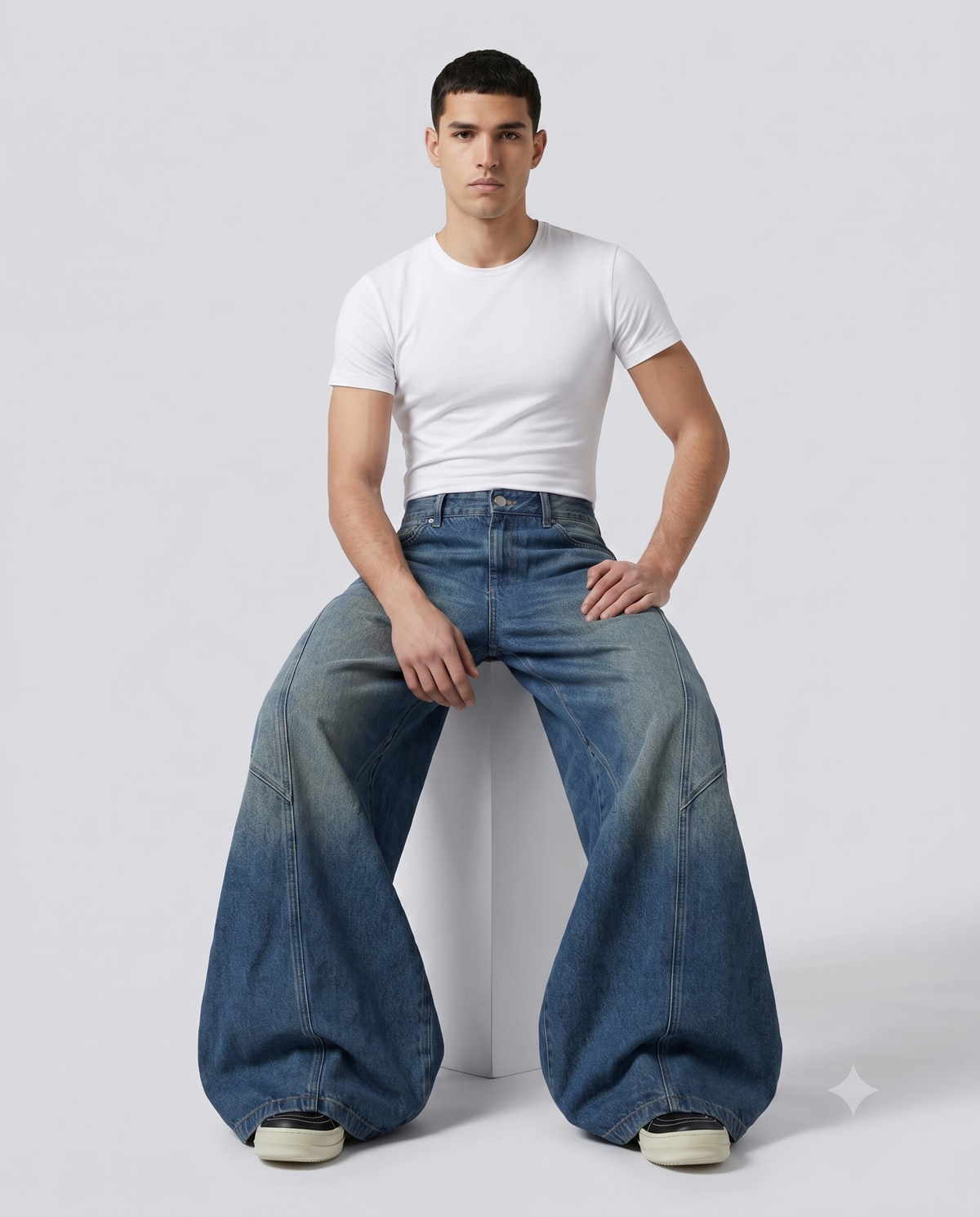Session Baggy Jeans — Spliced Blue on model — seated fit view